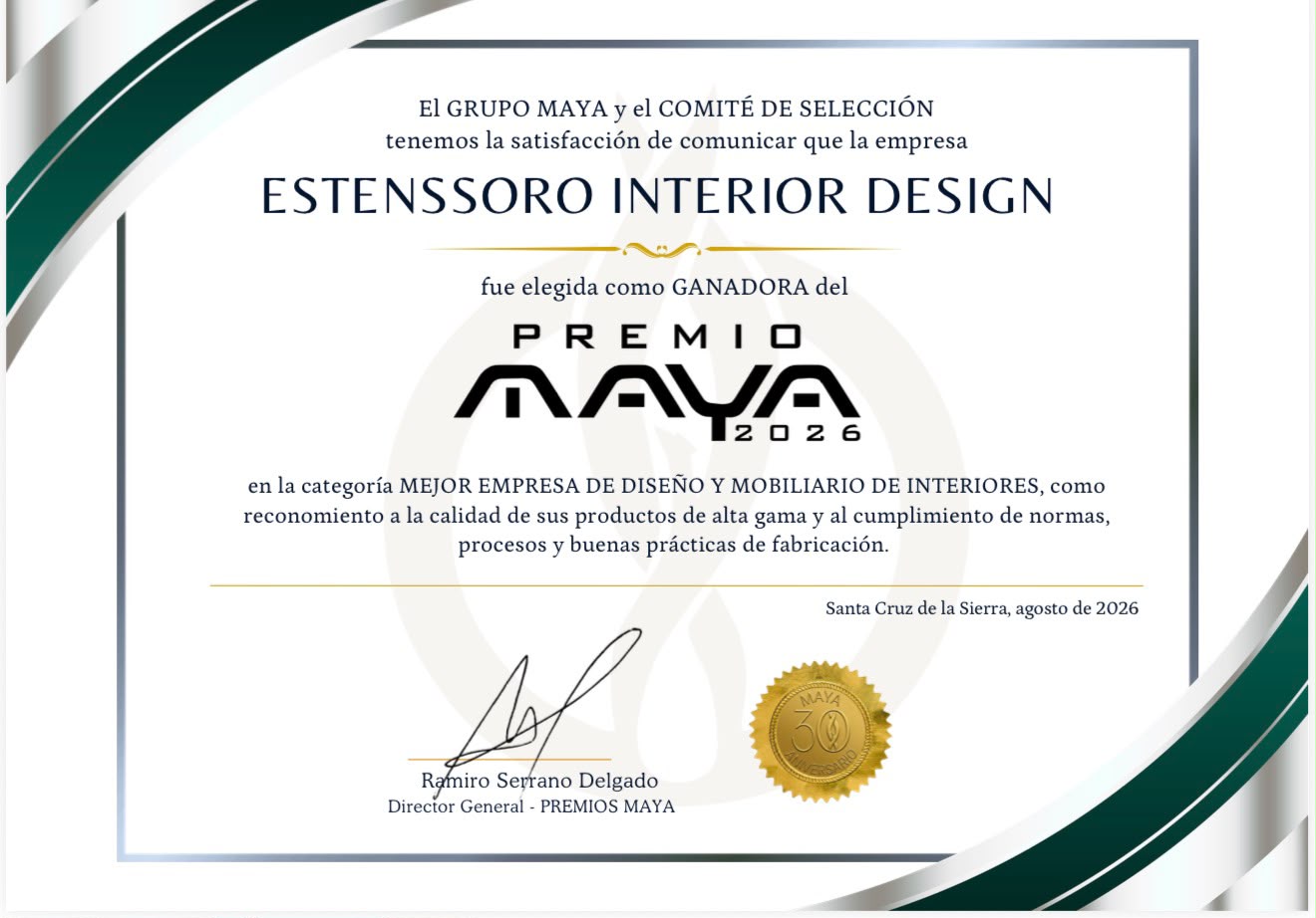 Certificado del Premio Maya Bolivia 2026 otorgado a Estenssoro Interior Design